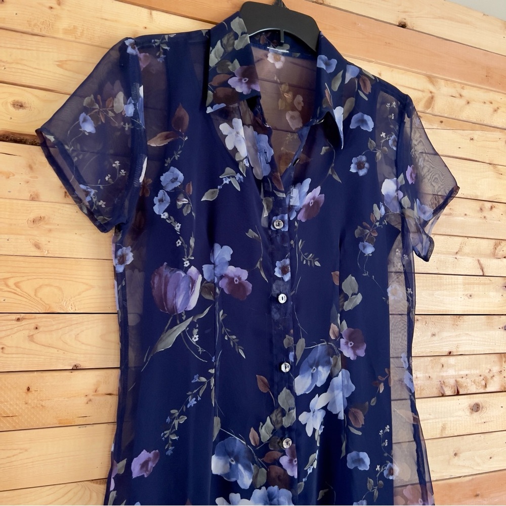 Vintage EnFocus Studio Navy Blue Floral Print Sheer Maxi Shirt Dress Set Size 6 - Picture 2 of 14